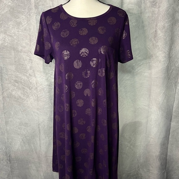 LuLaRoe Carly Purple Polka-Dot w Aztec Design Patterned Short Sleeve Swing Dress - Picture 2 of 12